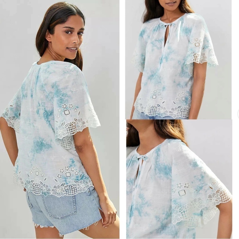 Anthropologie Blue & White Eyelet Embroidered Tie-Dye Blouse Top Size XS